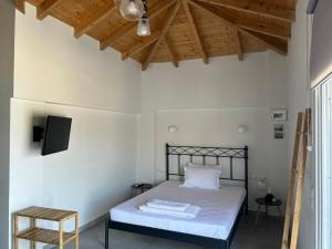 a bedroom with a bed and a tv on the wall at Theros - Bahia in Elafonisos