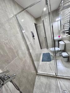 a bathroom with a shower with a toilet and a sink at Carpathian manor in Yaremche