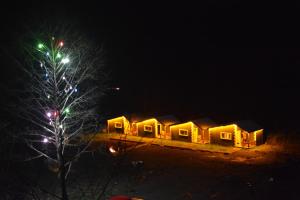 uma fila de casas iluminadas à noite em DEĞİRMEN KÖY EVLERİ em Çamlıhemşin