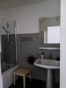 ein Bad mit einem Waschbecken, einer Dusche und einem Spiegel in der Unterkunft 100m des plages centre Antibes in Antibes