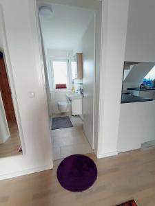a bathroom with a toilet and a purple rug at Peaceful Apartment-3 Zi, Loggia & Garden in Blankenese in Hamburg +66 photos