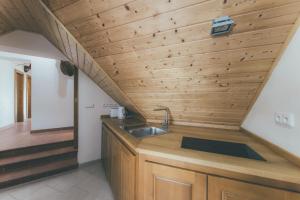 a kitchen with a sink and a wooden ceiling at Chalupa Lodge in Varvažov +86 photos