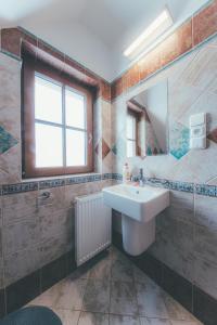 a bathroom with a sink and a mirror at Stylová Lodge s vlastním koupáním & pergolou in Varvažov +67 photos