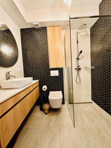 a bathroom with a shower and a toilet and a sink at Ski Retreat in Poiana Brasov