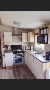 a small kitchen with a stove and a sink at Pinto Holiday Home Oakdene Forest Park Passes Inc! in Ringwood