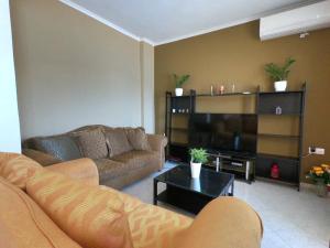 a living room with a couch and a flat screen tv at Ioannis & Labros House Lefkada in Vlikhón