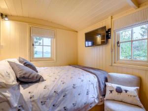 a bedroom with a bed and a tv and two windows at 1 Bed in Alsop-en-le-Dale 90021 in Alsop en le Dale
