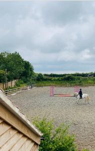 uma pessoa a montar um cavalo numa arena em Luxury rural retreat near Rutland water em Greetham