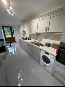 a kitchen with a sink and a washing machine at Wildflower Cottage in Clonmel