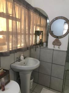 a bathroom with a sink and a mirror at Kellys Corner in Lydenburg