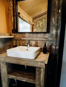 a bathroom with a white sink and a mirror at Fibden Farm Glamping - Luxury Safari Lodge in Droitwich