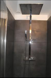 La salle de bains est pourvue d'une douche et d'un plafond. dans l'établissement Le Gîte de l'Océan, à Lège-Cap-Ferret
