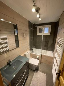 a small bathroom with a sink and a toilet at Chalet Le Doux Si, Large Self-Contained Apartment, 2km from Doucy-Combelouvière and close to Valmorel in La Lechere