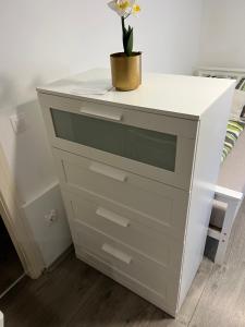 a white dresser with a plant on top of it at T8 BUDGET 2 Bedroom+Living room Apartment @ agglomeration Taplanszentkereszt in Szombathely
