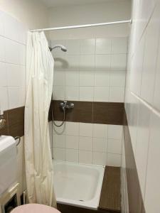 La salle de bains est pourvue d'une douche, d'une baignoire et de toilettes. dans l'établissement T8 BUDGET 2 Bedroom+Living room Apartment @ agglomeration Taplanszentkereszt, à Szombathely