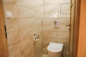 een badkamer met een toilet en een betegelde muur bij Forest View Apartment in Jáchymov