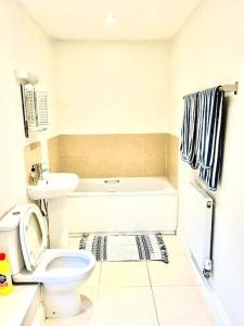 a small bathroom with a toilet and a sink at Curlew Cottage in Historic Rye in Rye