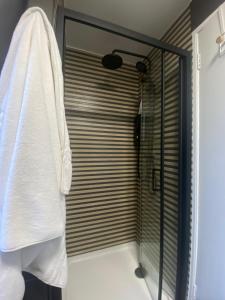a bathroom with a shower with a white towel at The Triangle Lodge in Invergarry