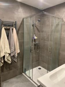 a shower with a glass door in a bathroom at Apartament Gold 2 in Złotoryja +19 photos