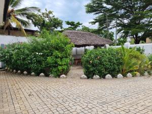 un jardín con arbustos y un edificio con techo en 64 ZENJ HOUSE Luxury Airport B&B, en Mbweni