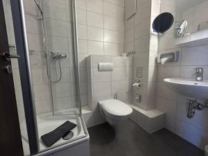 a bathroom with a shower and a toilet and a sink at Hotel Fackelmann in Nürnberg