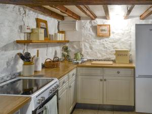 a kitchen with a sink and a white refrigerator at Wren Cottage in Cwm