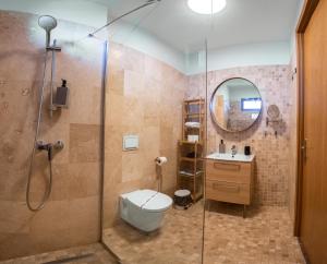 a bathroom with a shower and a toilet and a sink at Apart-Hotel Safir in Venus