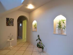 a hallway with two windows and potted plants at Cottage with swimming pool in Waimes