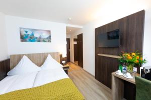 Habitación de hotel con cama y TV de pantalla plana. en Hotel Alfa, en Basilea