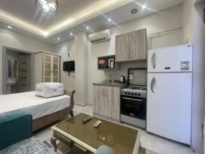 a small kitchen with a white refrigerator in a room at Luxury Host-180 Sheikh-Zayed in Sheikh Zayed