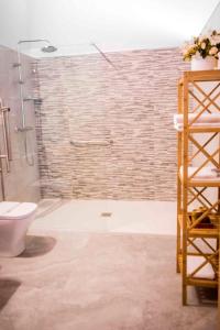 La salle de bains est pourvue d'une douche et de toilettes. dans l'établissement Hotel Gastronómico Gandainas, à Riós