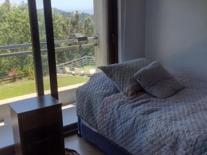 a bedroom with a bed and a large window at Pingueral Casa 07 in Dichato
