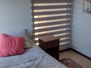 a bed with a pink pillow and a night stand at Pingueral Casa 07 in Dichato