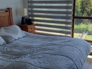 a bedroom with a bed and a window with a view at Pingueral Casa 07 in Dichato
