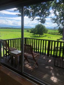 a porch with two chairs and a table and a view at Bee’s Knees Cottage in Winterton