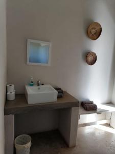 ein Badezimmer mit Waschbecken und Spiegel an der Wand in der Unterkunft Bundu Camp in Heilbron