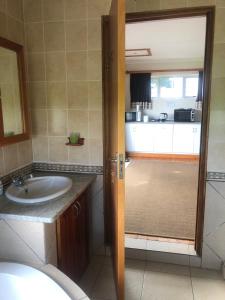 baño con lavabo y puerta a la cocina en Bee’s Knees Cottage, en Winterton