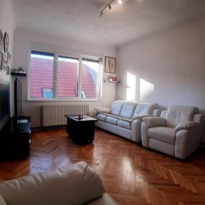 a living room with two couches and a table at APARTMENT POPS 2 in Cluj-Napoca