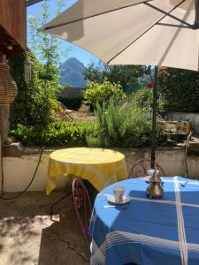 a table with a blue table cloth and an umbrella at Maison de 4 chambres dans les Pyrénées in Cierp