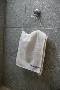 a towel hanging on a towel rack in a shower at Palm Hotel Le Kram in Le Kram