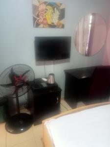a bedroom with a television and a desk with a fan at CRYSTAL SUITES in Akure