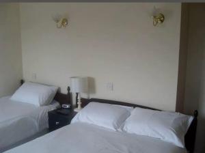 two beds in a bedroom with white sheets and lamps at swan hotel resturant bar and grill in Wellington