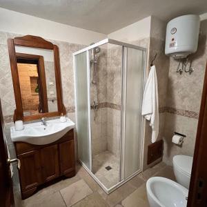 a bathroom with a shower and a sink at la casetta nel borgo wood in Borgagne
