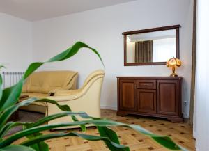 ein Wohnzimmer mit einem Stuhl und einem Spiegel in der Unterkunft DAREX Apartamenty Centrum in Garwolin