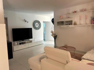 a living room with a couch and a tv at VILLA AVEC PISCINE in Néoules