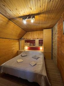 a bedroom with a large bed in a wooden room at Kućica za odmor '' Idila '' in Mitrovac