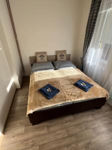 a bedroom with a bed with blue pillows on it at ApartmentsCarlsbad in Karlovy Vary