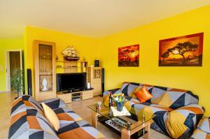 a living room with two couches and a tv at Mediterranes Flair mit Seeblick in Nenndorf