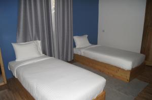 2 łóżka pojedyncze w pokoju z oknem w obiekcie Blue Cactus Shanty w mieście Moshi
