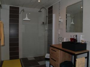 La salle de bains est pourvue d'une douche, d'un lavabo et d'un miroir. dans l'établissement Maison Sarrau, à Varès